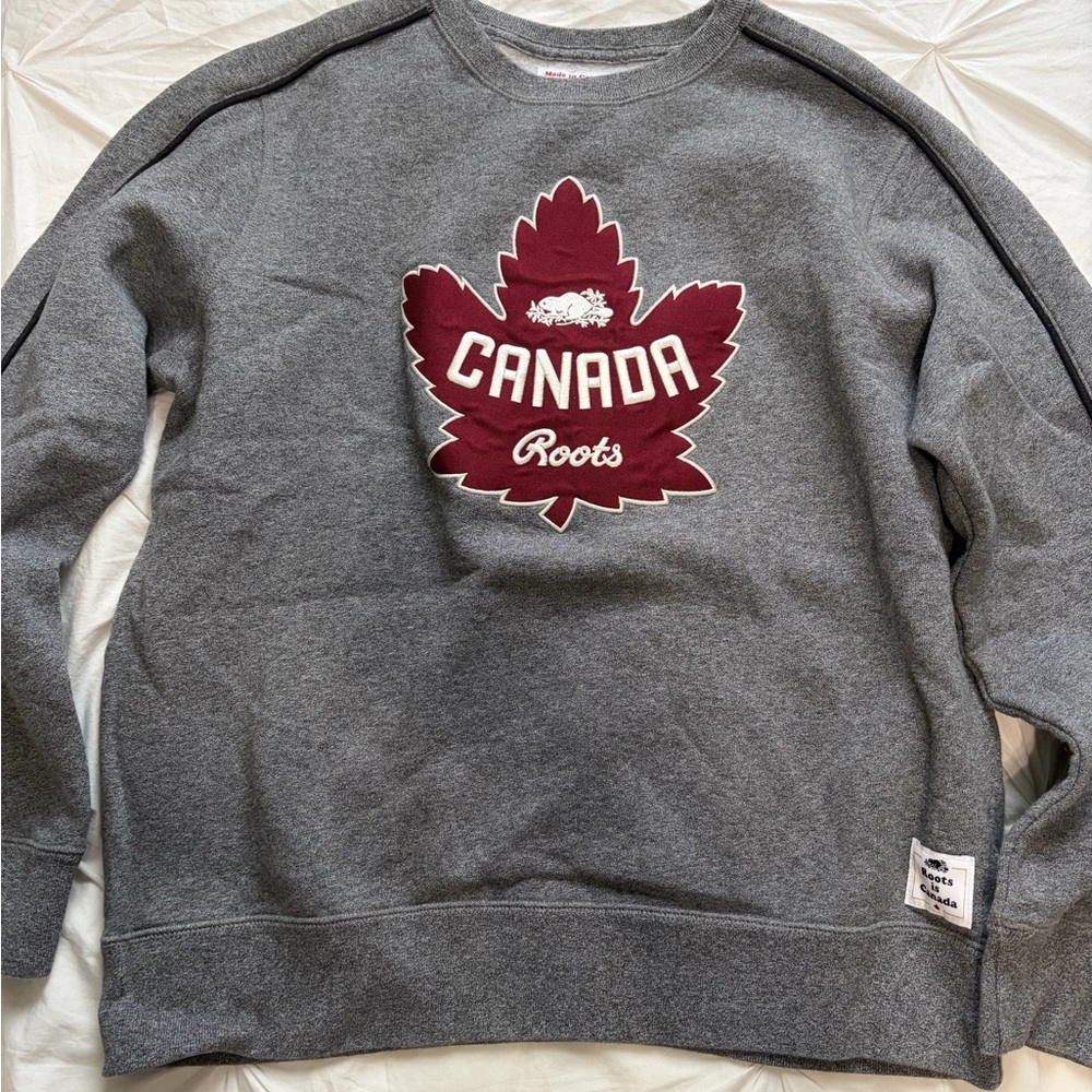 Roots Grey Crewneck Sweatshirt with Maroon Canada Maple Logo